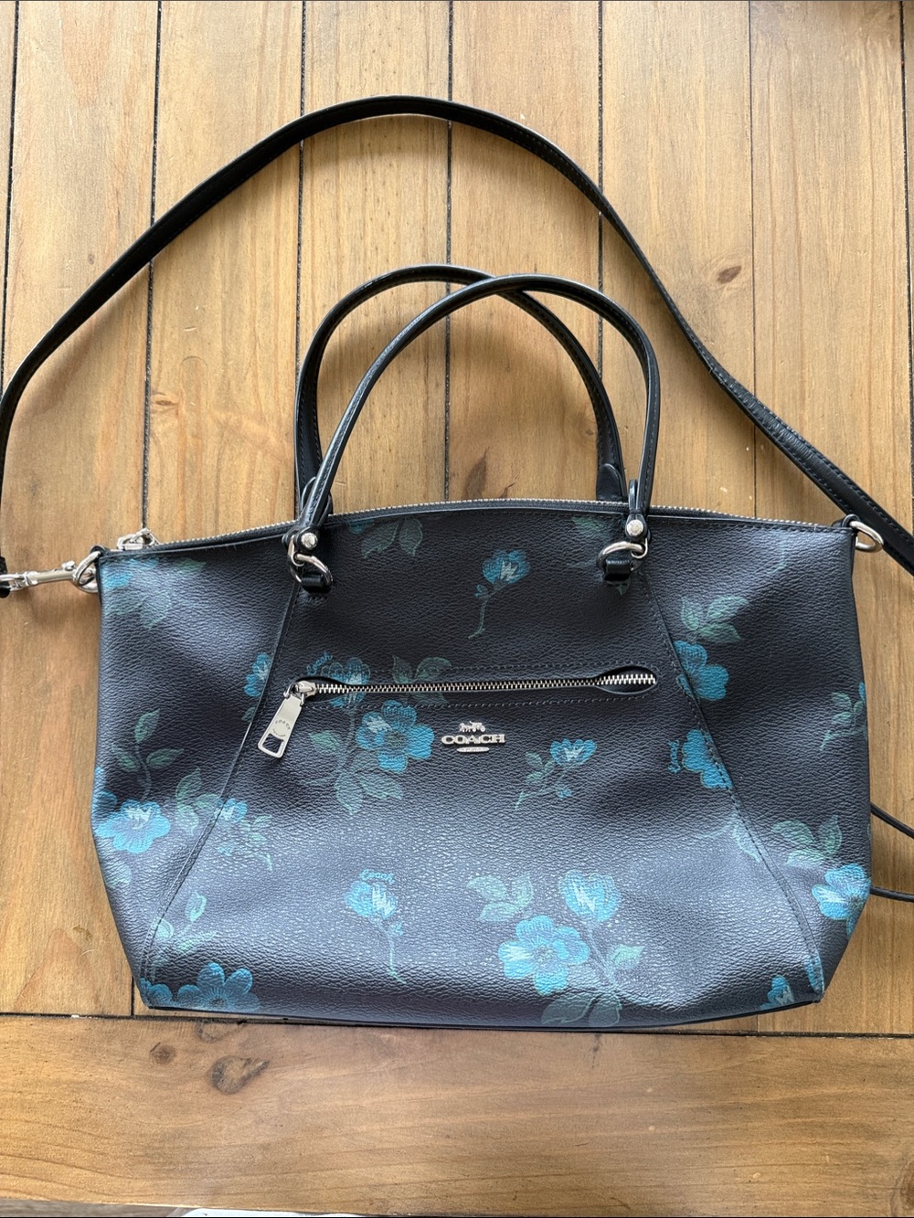 Coach Black Leather Shoulder Tote with Teal Floral Print
